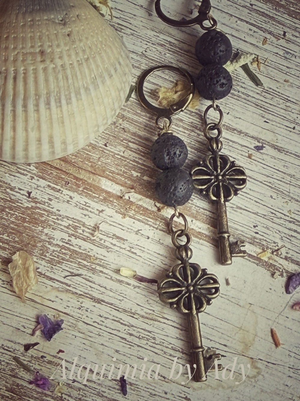 Black Lava Bead Key Drop Earrings with Antique Gold Keys